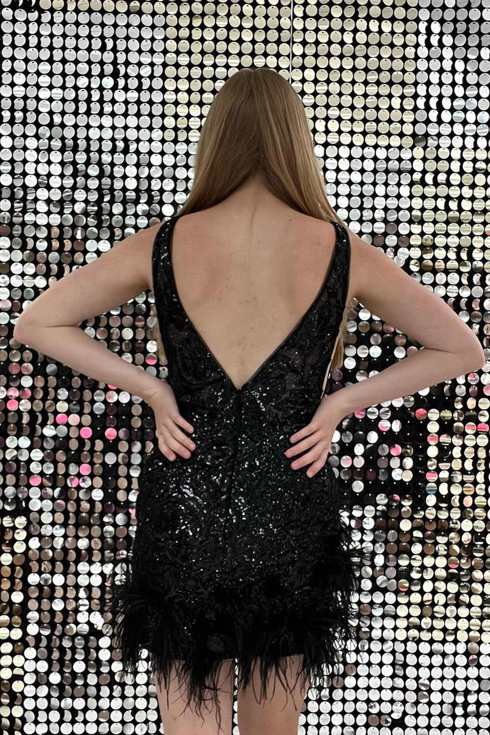 Sparkly Sheath Deep V Neck Purple Short Homecoming Dress with Feather