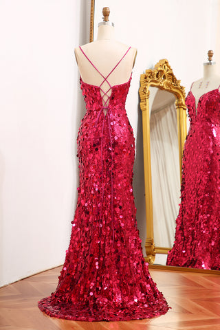 Sparkly Mermaid Spaghetti Straps Fuchsia Sequins Long Prom Dress with Split Front