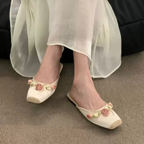 Flower Flats Mules Shoes Women Soft Cozy Dress Slippers Shoes 2024 Designer Summer Flip Flops Casual Slides Female Zapatillas