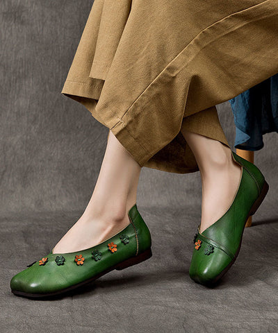 Bohemian Floral Splicing Flats Grünes Rindsleder