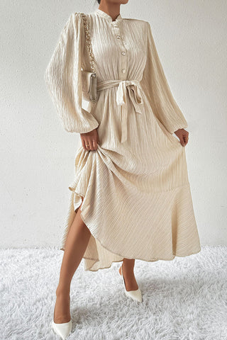 Beige Tied Button Up Balloon Sleeve Resort Maxi Dress