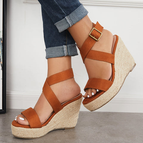 Criss Cross Ankle Strap Espadrille Wedge Platform Sandals