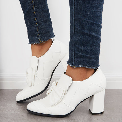 Bowknot Pointed Toe Chunky High Heel Pumps Slip on Dress Shoes