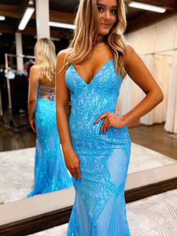 V Neck Pink Glitter Backless Mermaid Bodycon Long Prom Dress