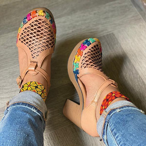Platform Block Chunky High Heels Ankle T-Strap Cutout Sandals