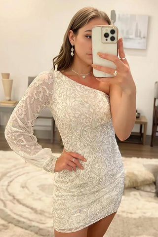 Orange Beaded Sequins One Shoulder Tight Homecoming Dress