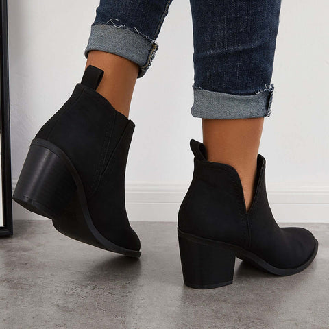 Cutout Western Ankle Cowboy Boots Chunky Stacked Heel Booties