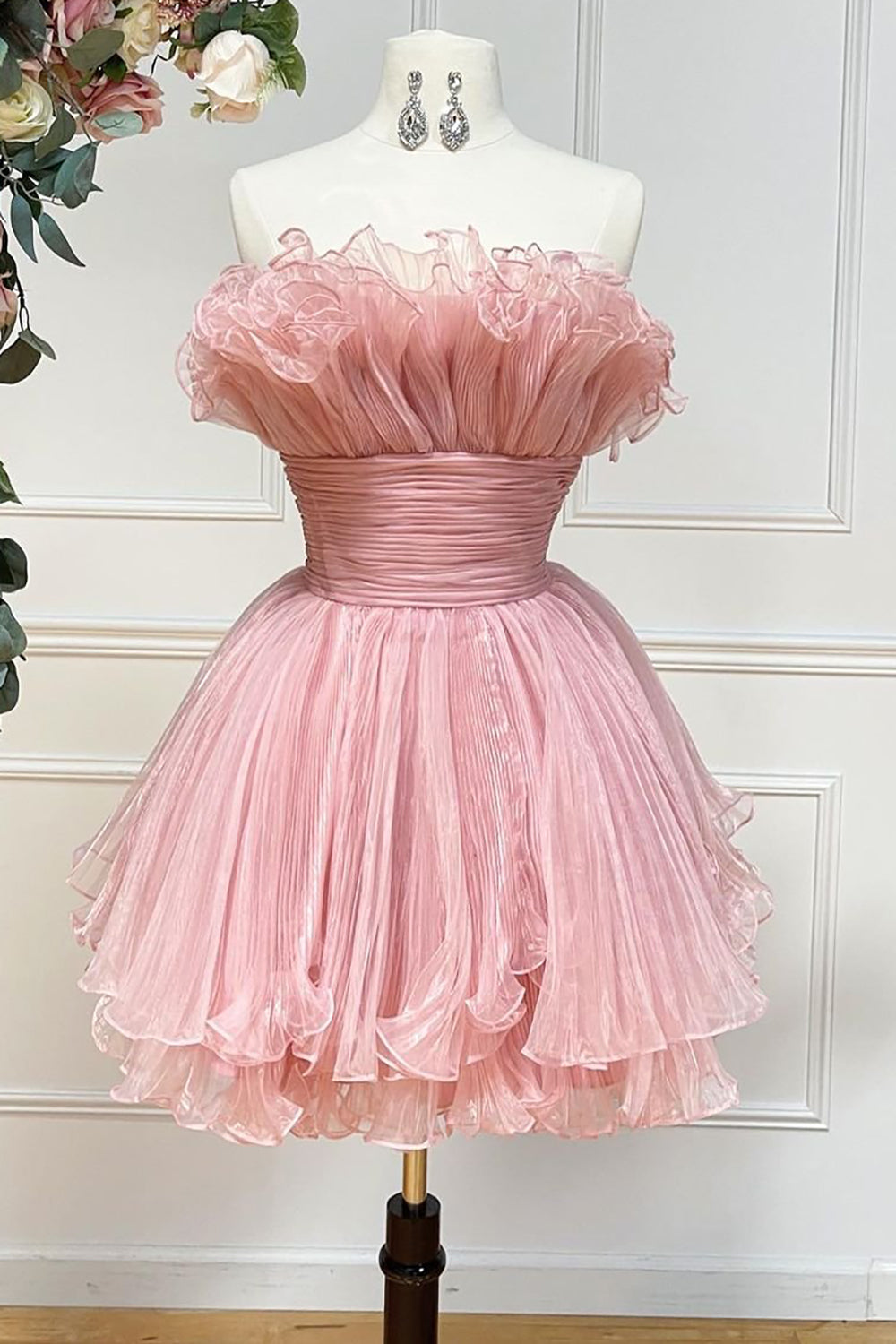Gorgeous A Line Strapless Light Pink Short Homecoming Dress with Ruffles