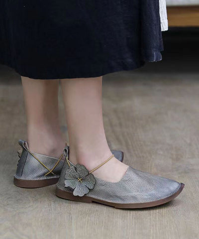 Handgemachte Retro Floral Flache Schuhe für Frauen Braunes Rindsleder