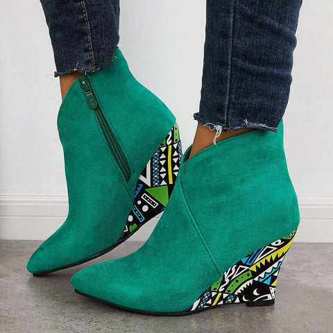 Suede Wedge High Heeled Ankle Boots Pointed Toe Dress Booties