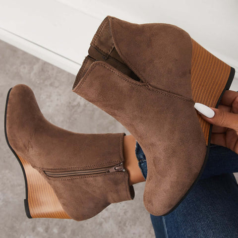 Cutout Ankle Wedge Booties V-cut Stacked Heel Boots