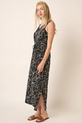Side Slit Flower Print V-Neck Sleeveless Maxi Dress