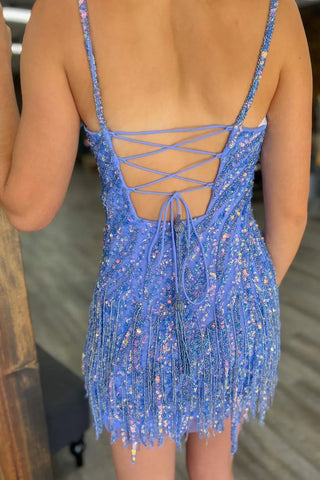 Sparkly Sheath Spaghetti Straps Fuchsia Short Homecoming Dress with Fringes