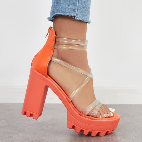 Block Lug Sole Chunky Heels Transparent Ankle Strap Sandals