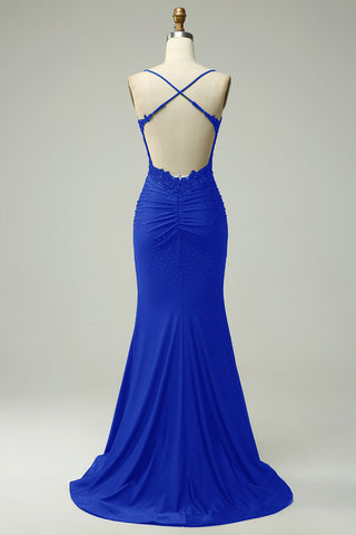 Mermaid Spaghetti Straps Royal Blue Long Prom Dress with Appliques