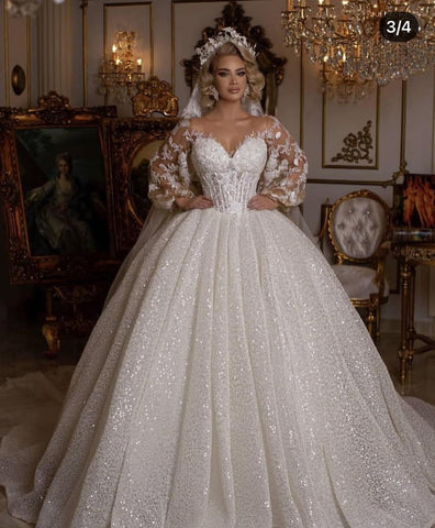 Long Sleeves Lace Ball Gown Wedding Dress Bubble Sleeves