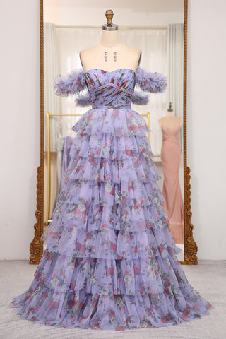 Charming A Line Off the Shoulder Blue Printed Long Prom Dress with Ruffles