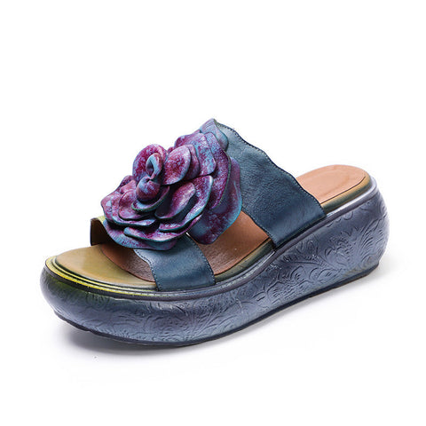 Women 2022 Vintage Leather Floral Platform Slippers