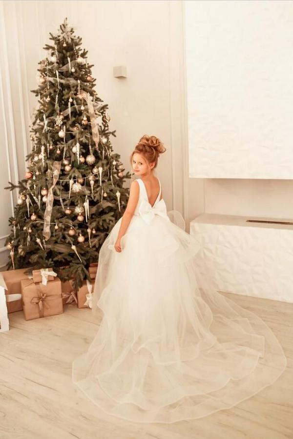 BMbridal White Tulle Glitter Flower Girl Dress With Bowknot Back