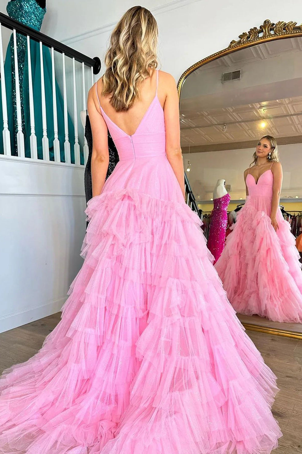 A Line Spaghetti Straps Pink Long Prom Dress with Ruffles