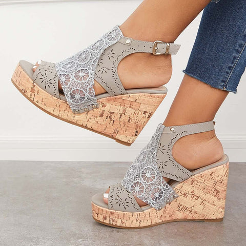 Open Toe Lace Platform Cork Wedges High Heel Sandals