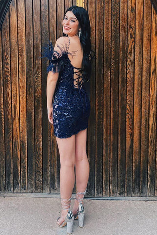 Sheath Off the Shoulder Purple Sequins Short Homecoming Dress with Feather