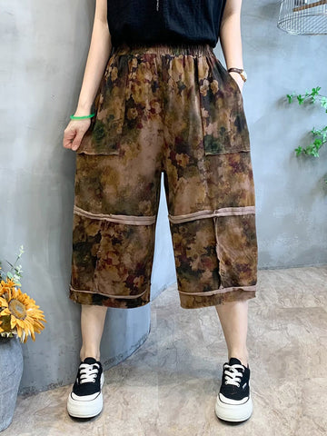 Women Summer Retro Flower Print Spliced Pocket Loose Pants