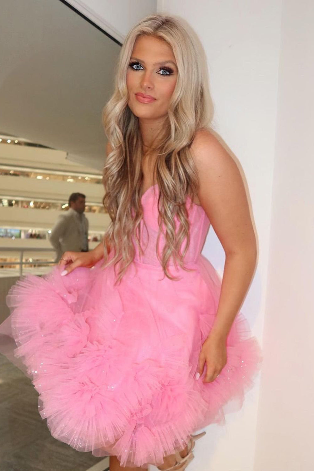 Princess A Line Spaghetti Straps Pink Corset Homecoming Dress with Ruffles
