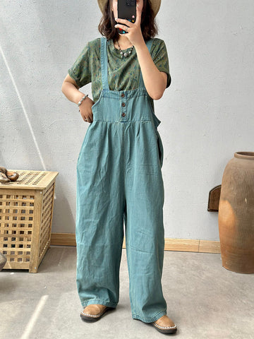 Women Summer Artsy Solid Button Pocket Stright-leg Jumpsuits