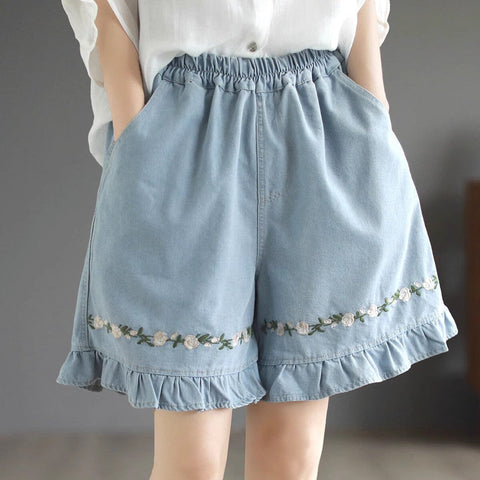 Women Summer Loose Floral Embroidery Denim Shorts