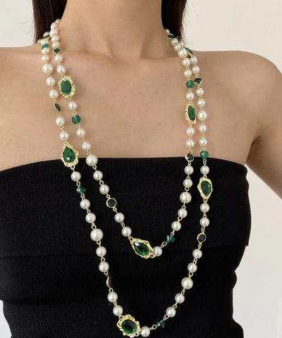 Art Green Copper Overgild Gem Stone Patchwork Glass Multiple Layers Gratuated Bead Necklace