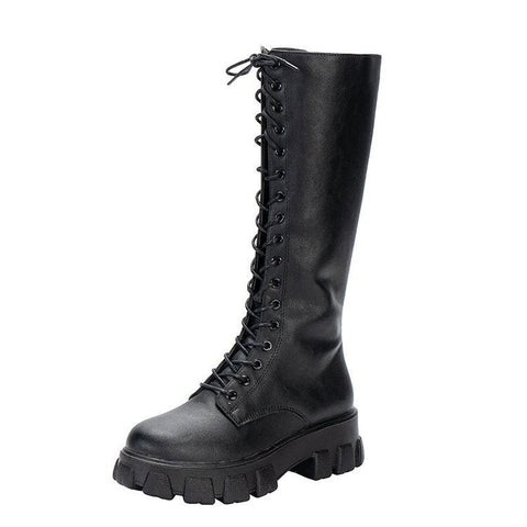 Lace Up Platform Heel Knee High Boots Lug Sole Combat Boots