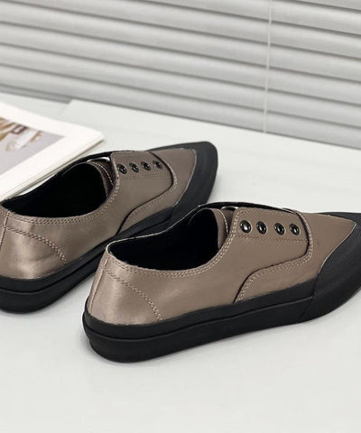 0508Khaki Silk Blended Boutique Splicing Pointed Toe Flat Shoes For Women