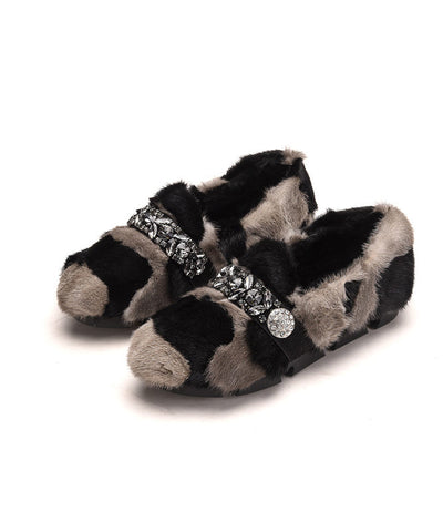 Schwarz Khaki Nerz Haar Boutique Spleißen Zirkon Flache Schuhe