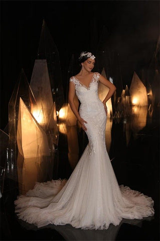 Bmbridal Cap Sleeveless Wedding Dress Mermaid Lace V-Neck