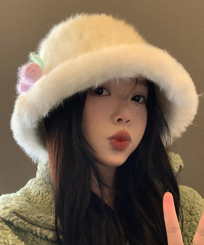 Herbst/Winter, japanischer Stil, warmweiß, flauschiger Pelz, flauschiger Eimerhut
