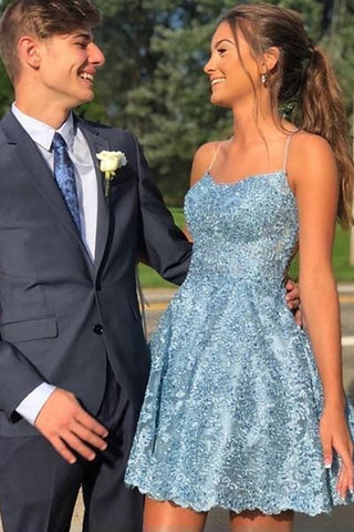 A-Linie, Spaghettiträger, kurzes Homecoming-Kleid mit Applikationen