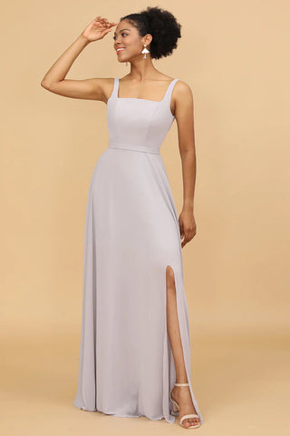 Graues Chiffon-Brautjungfernkleid mit eckigem Ausschnitt