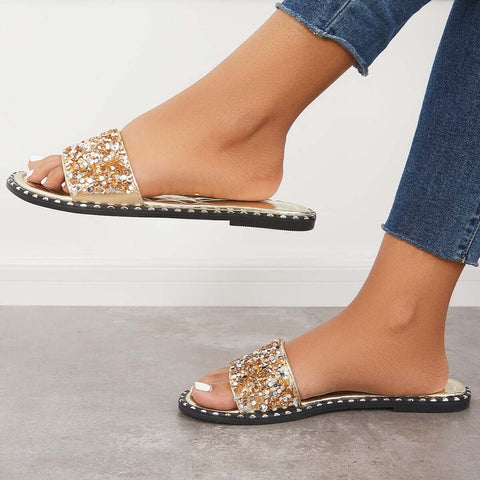 Rhinestone Slip on Flat Sandals Sparkly Slippers