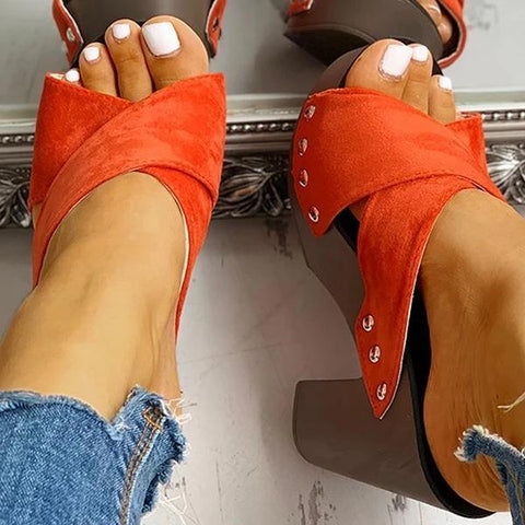 Rivet Criss Cross Chunky Block Heels Platform Slip-on Sandals