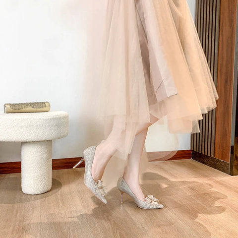 2024 summer new fairy wind high heels women fashion thin heels bow wedding bride shoes all matching pointy single shoes 6cm 8cm