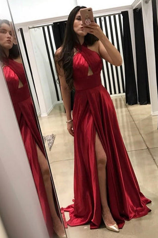 A Line Halter Purple Long Prom Dress with Backless