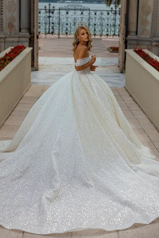 Off-the-Shoulder Wedding Dress Ball Gown With Lace Sequins