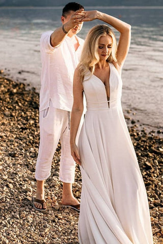 Bmbridal V-Neck Sleeveless Wedding Dress Beach Long