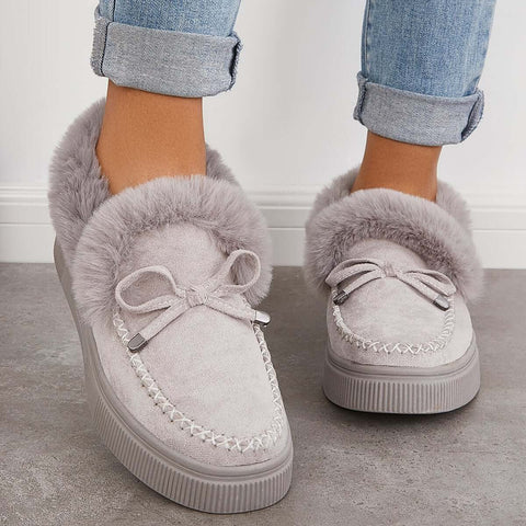 Suede Warm Flat Slip on Snow Boots Faux Fur Lined Loafer Shoes