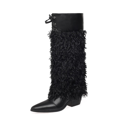 White Blue Feather Pointy Tall Boots Womens Elegant High Heels Shoes Ladies Casual Winter Autumn Catwalk Perform Knee High Boots
