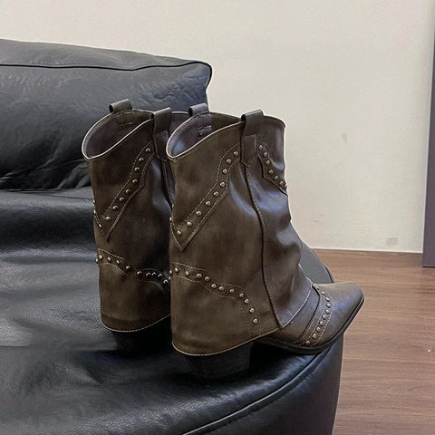 Woman Cowgirl Boots Fashion Slip On Ladies Elegant Square Heel Short Boots Shoes Retro Women's Winter Footwear