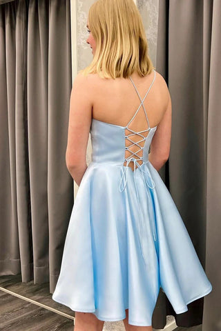 Simple A Line Spaghetti Straps Blue Short Homecoming Dress