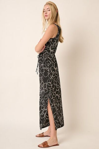 Side Slit Flower Print V-Neck Sleeveless Maxi Dress