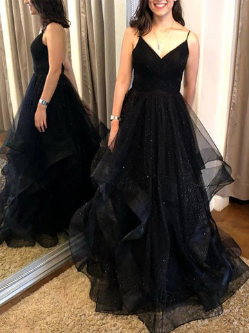 Elegant Long A Line V Neck Backless Long Prom Dresses Black Formal Evening Gowns